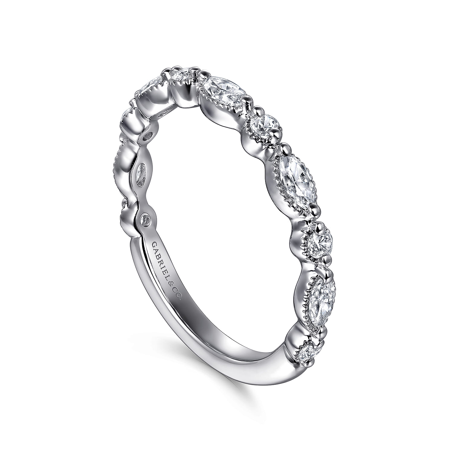 Straight Wedding Ring in 14k White Gold with Marquise Natural Diamond at Gabriel & Co. - Shot 3