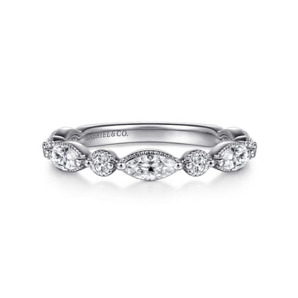 Esperanza - 14K White Gold Vintage Inspired Marquise and Round Diamond Anniversary Band