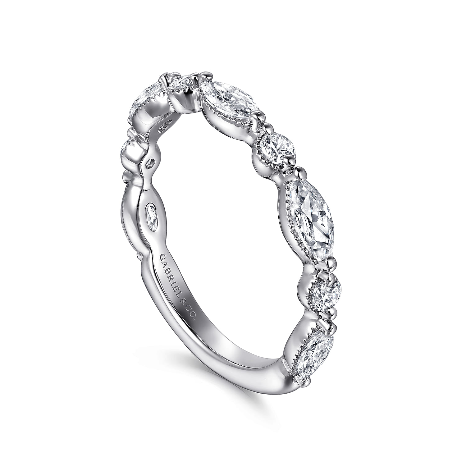 Straight Wedding Ring in 14k White Gold with Marquise Natural Diamond at Gabriel & Co. - Shot 3