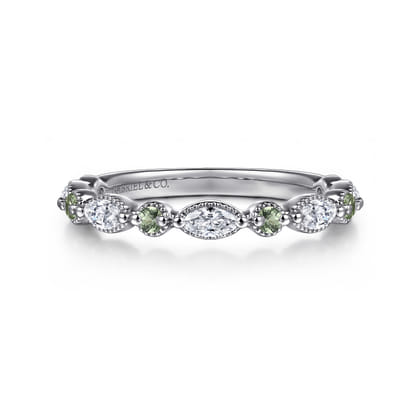 Esperanza - Vintage Inspire 14K White Gold Marquise and Round Green Sapphire and Diamond Anniversary Band