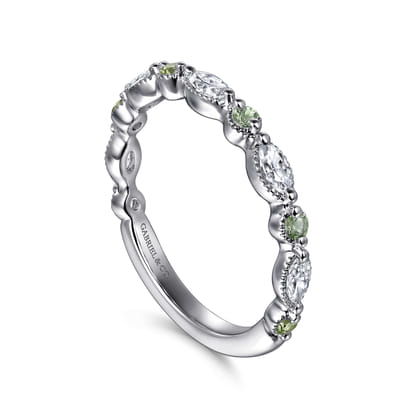 Esperanza - Vintage Inspire 14K White Gold Round Green Sapphire and Marquise Diamond Anniversary Band