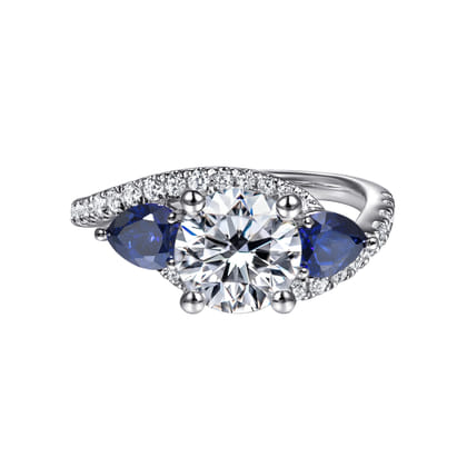 Estefania - 14K White Gold Round Bypass Three Stone Sapphire and Diamond Engagement Ring