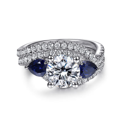Estefania - 14K White Gold Round Bypass Three Stone Sapphire and Diamond Engagement Ring