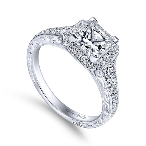 Estelle - Vintage Inspired 14K White Gold Princess Halo Diamond Engagement Ring - 0.66 ct - Shot 3