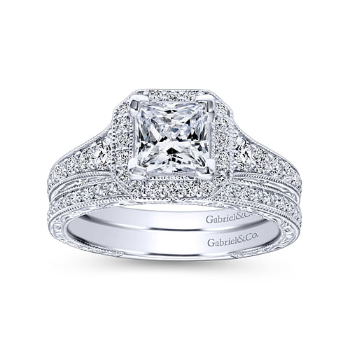 Estelle - Vintage Inspired 14K White Gold Princess Halo Diamond Engagement Ring - 0.66 ct - Shot 4