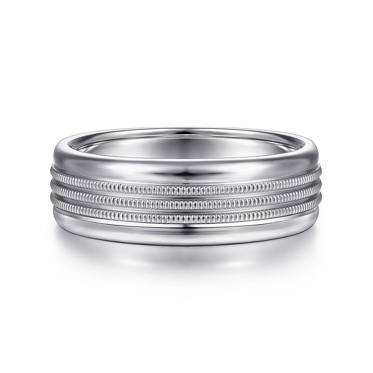 Ethan - 14K White Gold 7mm - Center Rope Channels and Polished Edge Men's Wedding Band in High Polished Finish - Shot 1