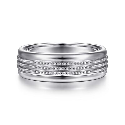 Ethan - 14K White Gold 7mm - Center Rope Channels and Polished Edge Men's Wedding Band in High Polished Finish