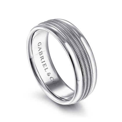 Ethan - 14K White Gold 7mm - Center Rope Channels and Polished Edge Men's Wedding Band in High Polished Finish