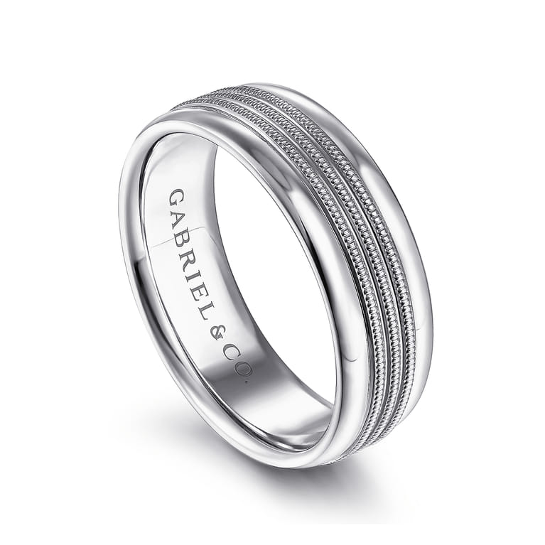 Ethan - 14K White Gold 7mm - Center Rope Channels and Polished Edge Men's Wedding Band in High Polished Finish - Shot 3