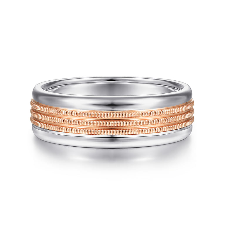 Ethan - 14K White-Rose Gold 7mm - Two Tone Men's Wedding Band in High Polished Finish - Shot 1