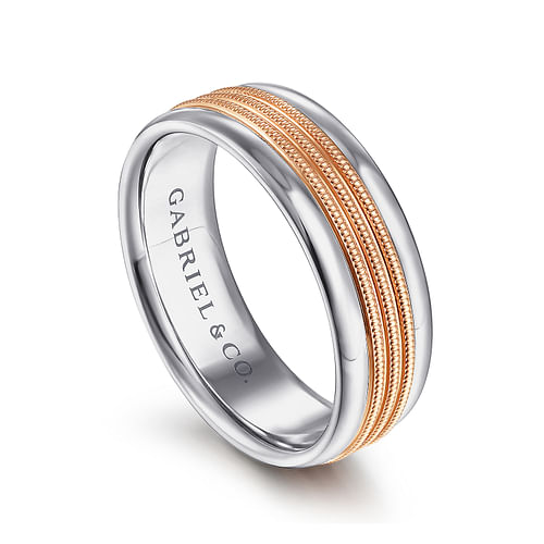 Ethan - 14K White-Rose Gold 7mm - Two Tone Men's Wedding Band in High Polished Finish - Shot 3