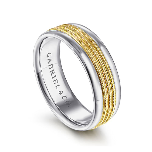 Ethan - 14K White-Yellow Gold 7mm - Two Tone Men's Wedding Band in High Polished Finish - Shot 3