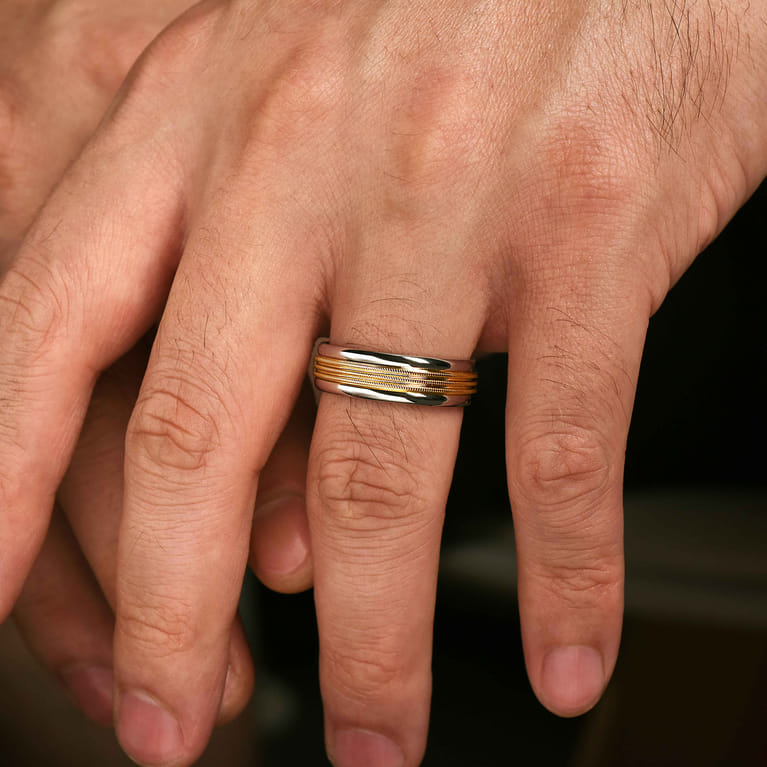 Ethan - 14K White-Yellow Gold 7mm - Two Tone Men's Wedding Band in High Polished Finish - Shot 5