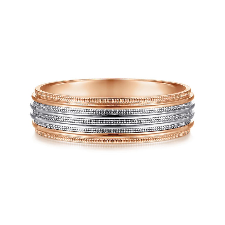 Evan - 14K White-Rose Gold 6mm - Milgrain Channel Men's Wedding Band - Shot 1