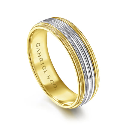 Evan - 14K White-Yellow Gold 6mm - Milgrain Channel Men's Wedding Band