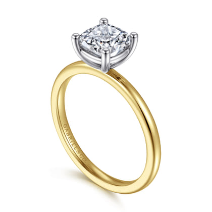 Evelina - 14K White-Yellow Gold Cushion Cut Solitaire Diamond Engagement Ring