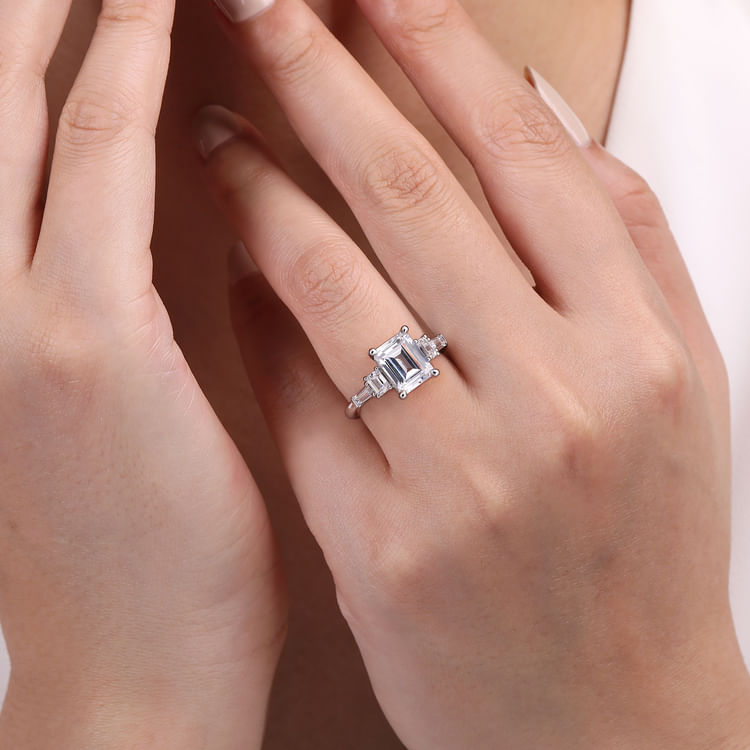 Everley - 18K White Gold Emerald Cut Five Stone Diamond Channel Set Engagement Ring