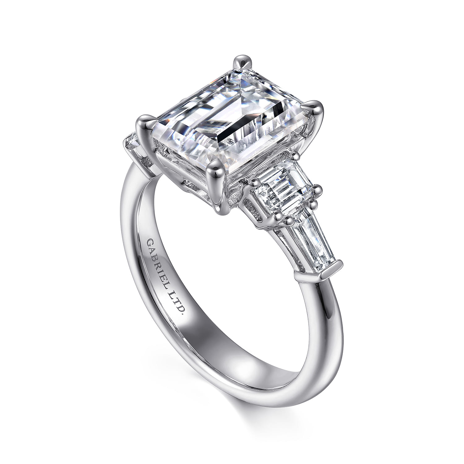 Everley - 18K White Gold Emerald Cut Five Stone Diamond Engagement Ring