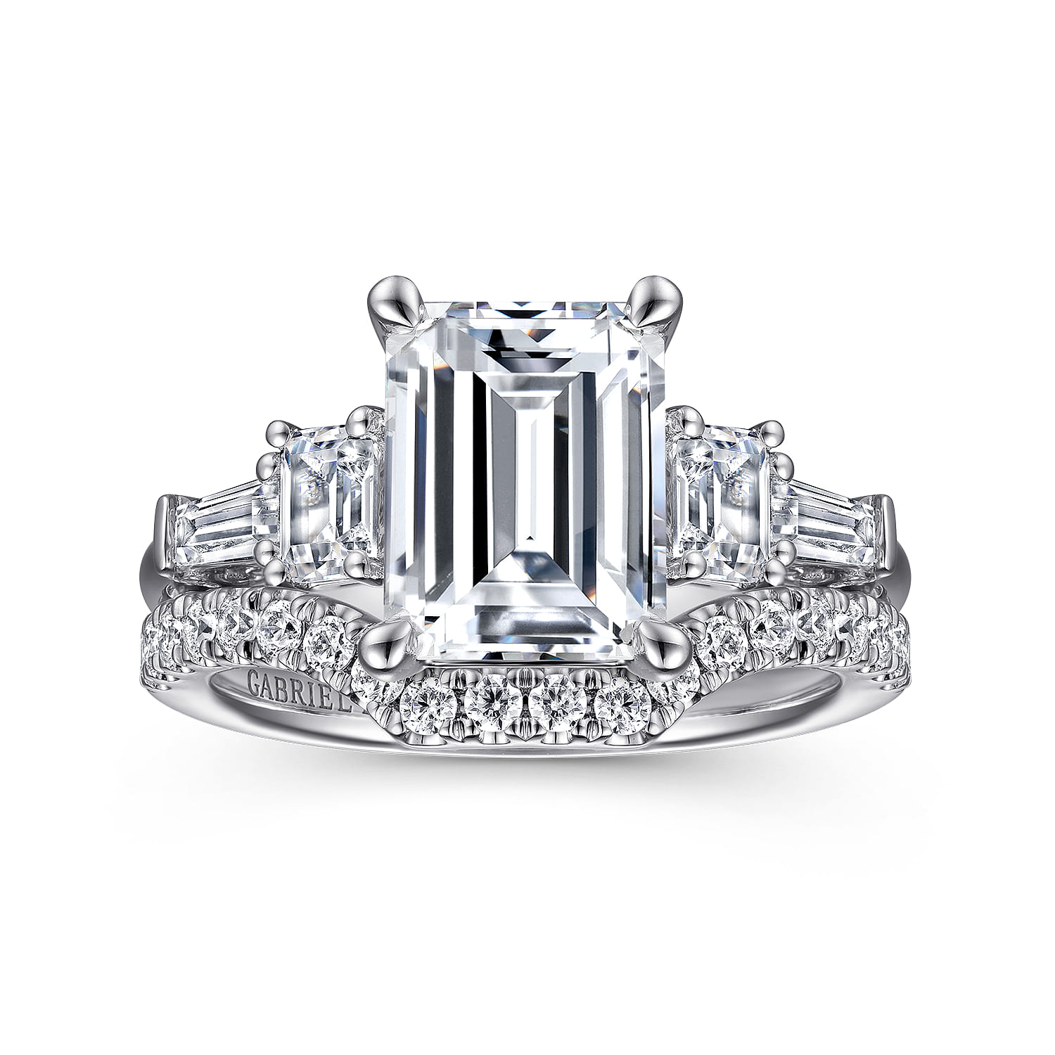 Everley - 18K White Gold Emerald Cut Five Stone Diamond Engagement Ring