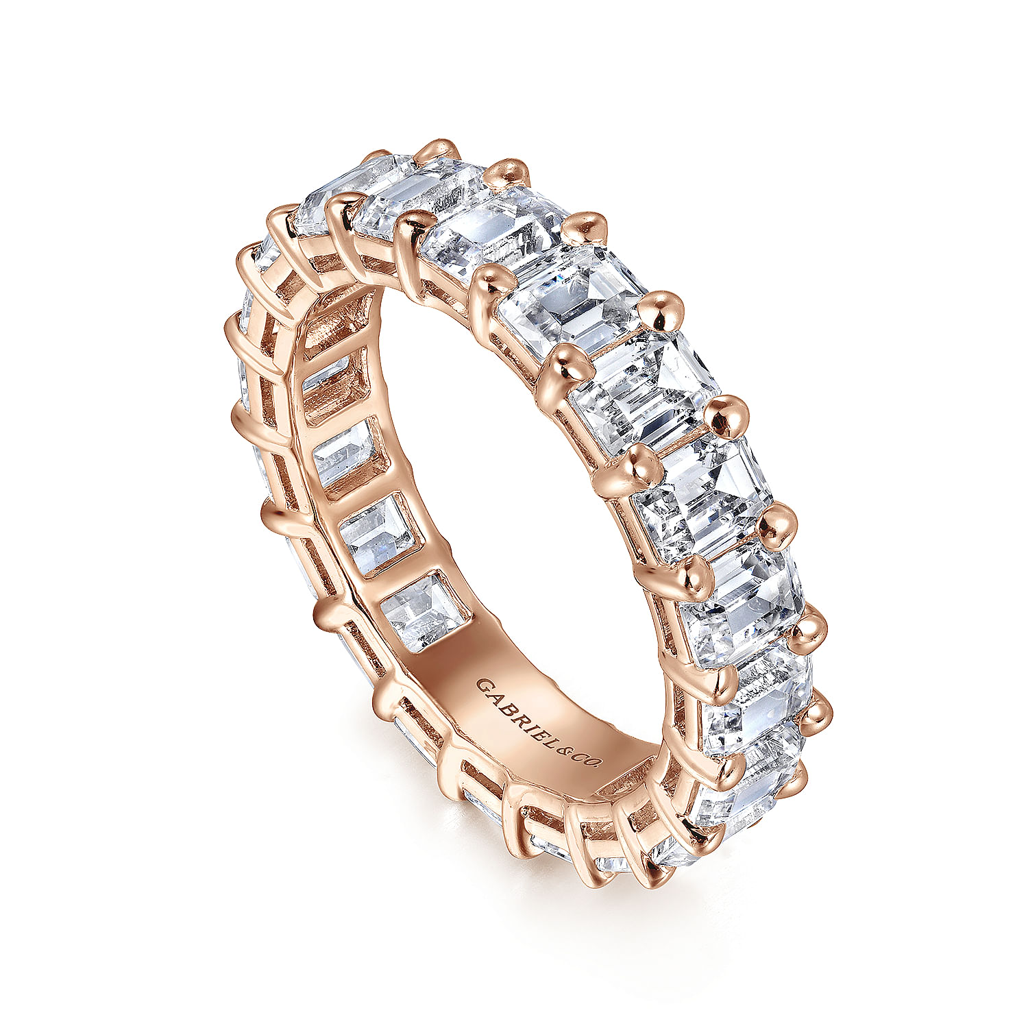 Eternity Band Wedding Ring in 14k Rose Gold with Emerald Cut Natural Diamond at Gabriel & Co. - Shot 3