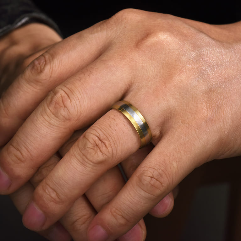 Ezra - 14K White-Yellow Gold 6mm - Two Tone Men's Wedding Band in Satin Finish - Shot 5