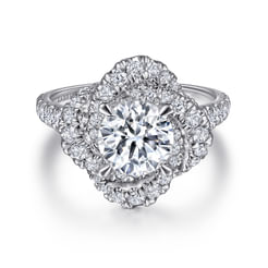14K White Gold Floral Halo Round Diamond Engagement Ring