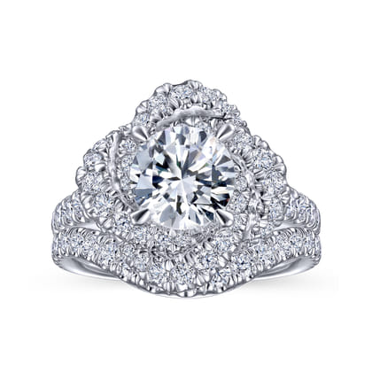 Faline - 14K White Gold Floral Halo Round Diamond Engagement Ring