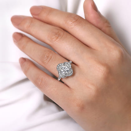 Faline - 14K White Gold Floral Halo Round Diamond Engagement Ring