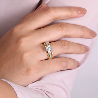 Famke - 14K White-Yellow Gold Split Shank Round Diamond Engagement Ring