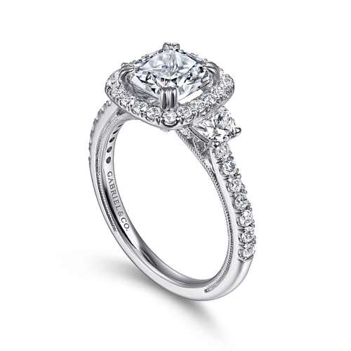 Farah - Vintage Inspired 14K White Gold Cushion Three Stone Halo Diamond Engagement Ring - 0.79 ct - Shot 3