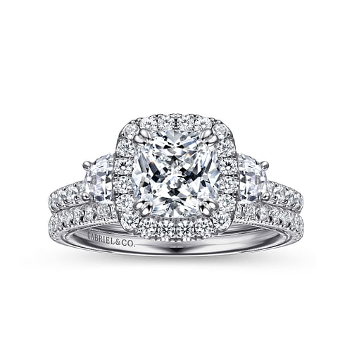 Farah - Vintage Inspired 14K White Gold Cushion Three Stone Halo Diamond Engagement Ring - 0.79 ct - Shot 4