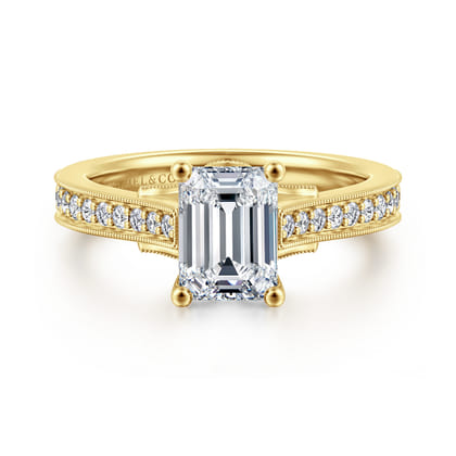 Favola - 14K Yellow Gold Emerald Cut Lotus Diamond Engagement Ring