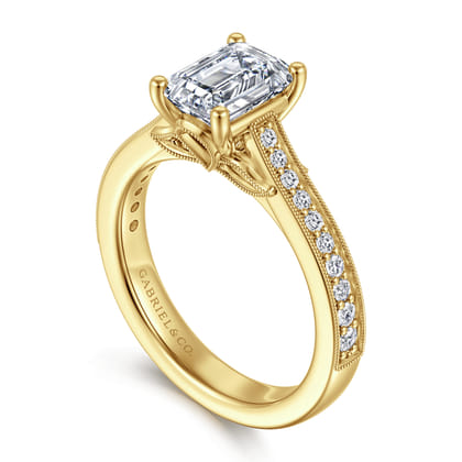Favola - 14K Yellow Gold Emerald Cut Lotus Diamond Engagement Ring