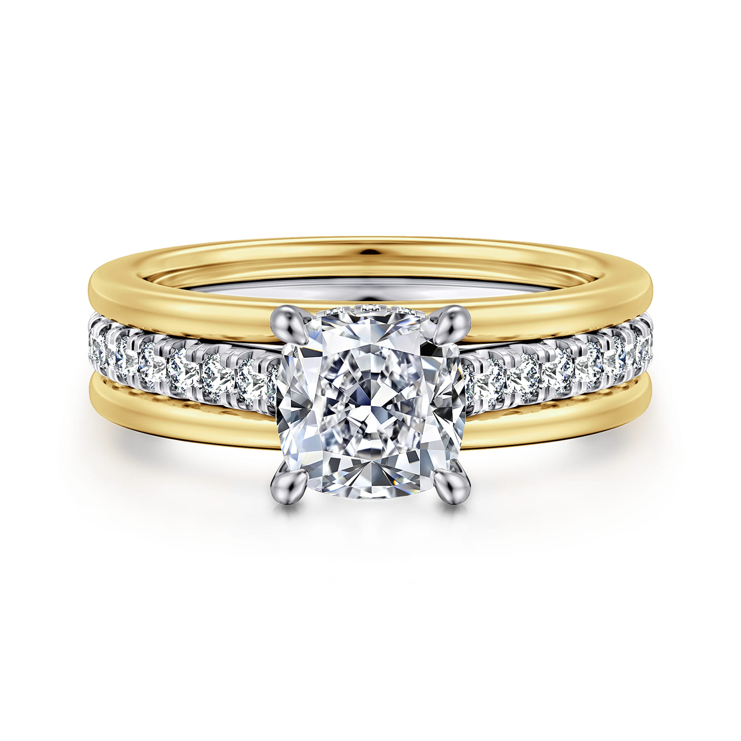 Feah - 14K Yellow-White Gold Wide Band Cushion Cut Diamond Engagement Ring