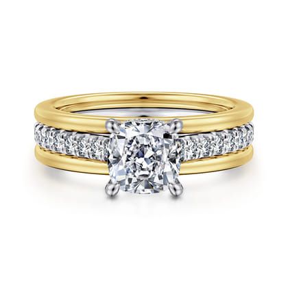 Feah - 14K Yellow-White Gold Wide Band Cushion Cut Diamond Engagement Ring