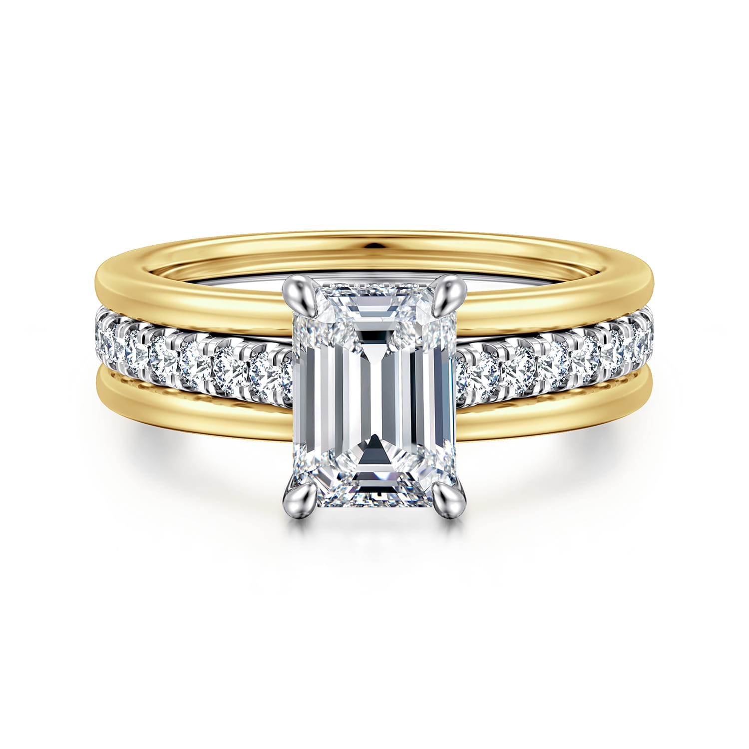 Feah - 14K Yellow-White Gold Wide Band Emerald Cut Diamond Engagement Ring