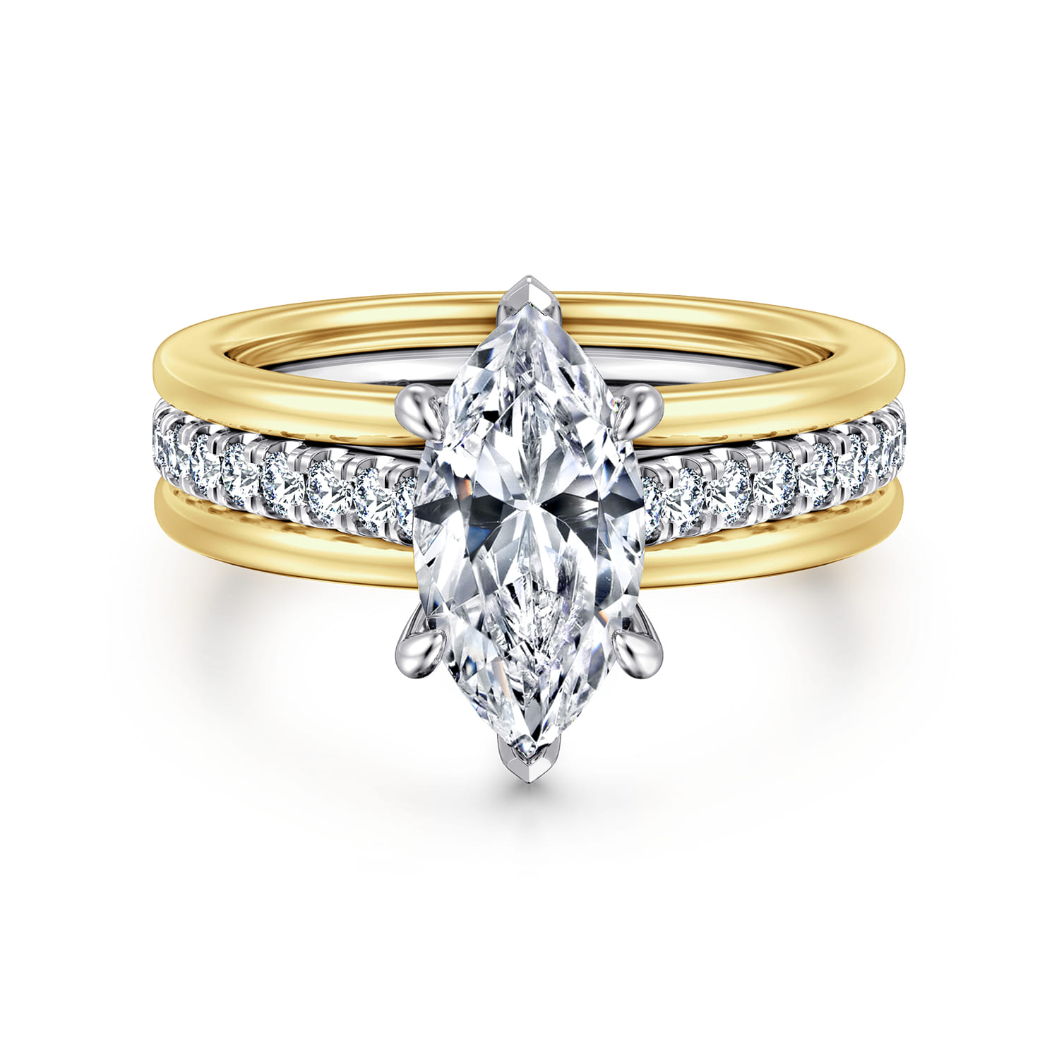 Feah - 14K Yellow-White Gold Wide Band Marquise Shape Diamond Engagement Ring