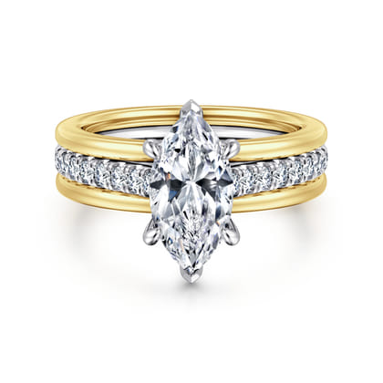 Feah - 14K Yellow-White Gold Wide Band Marquise Shape Diamond Engagement Ring