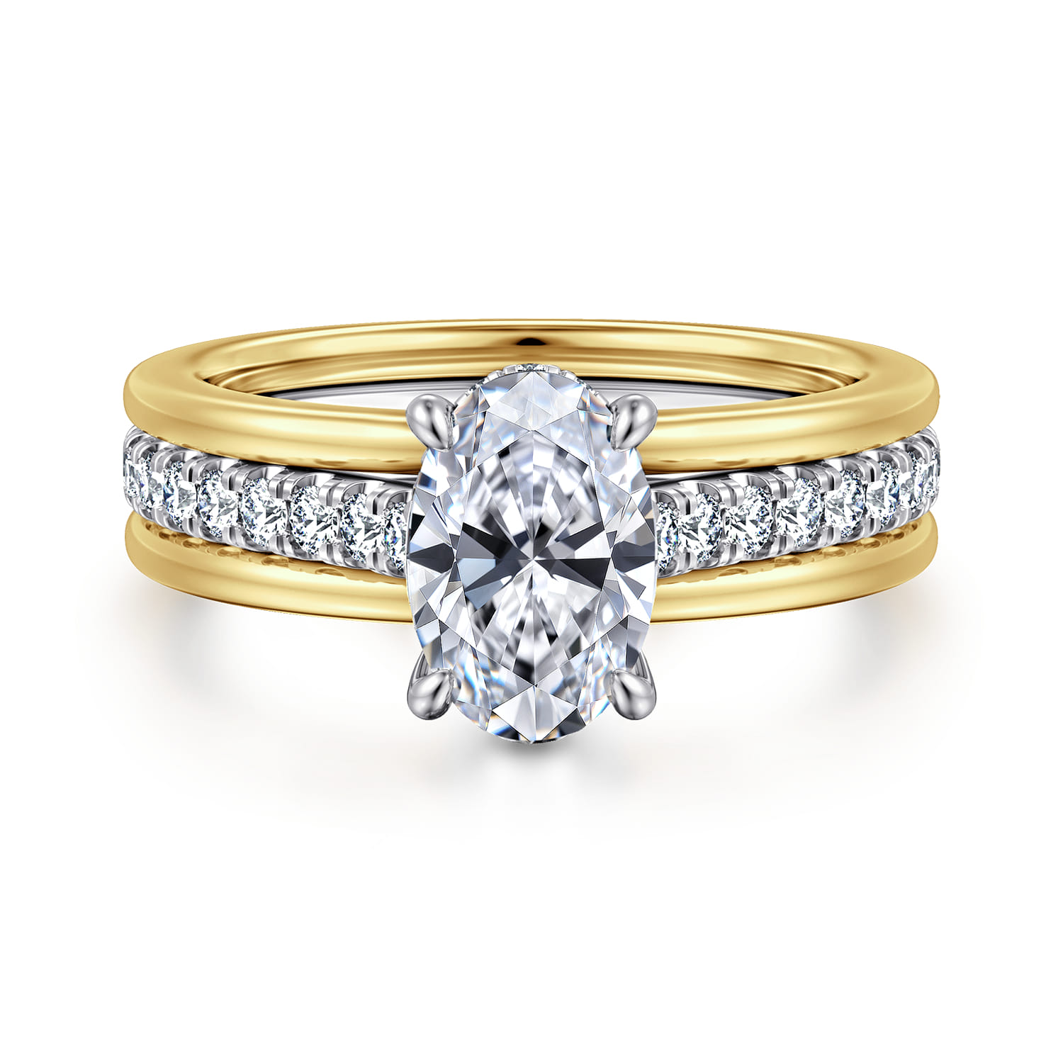 Feah - 14K Yellow-White Gold Wide Band Oval Diamond Engagement Ring