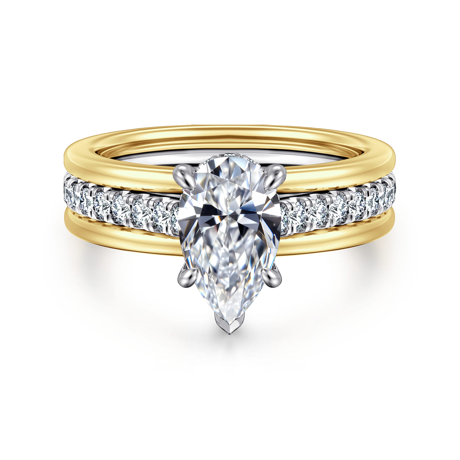 Feah - 14K Yellow-White Gold Wide Band Pear Shape Diamond Engagement Ring