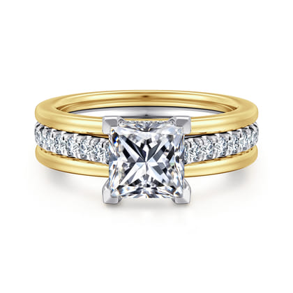 Feah - 14K Yellow-White Gold Wide Band Princess Cut Diamond Engagement Ring