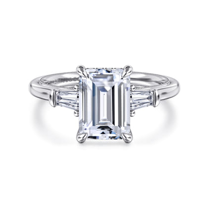 Feana - 14K White Gold Emerald Cut Three Stone Diamond Engagement Ring