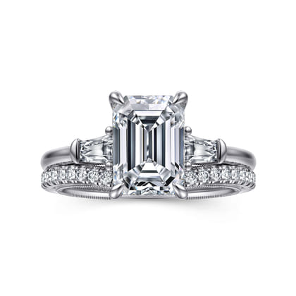 Feana - 14K White Gold Emerald Cut Three Stone Diamond Engagement Ring