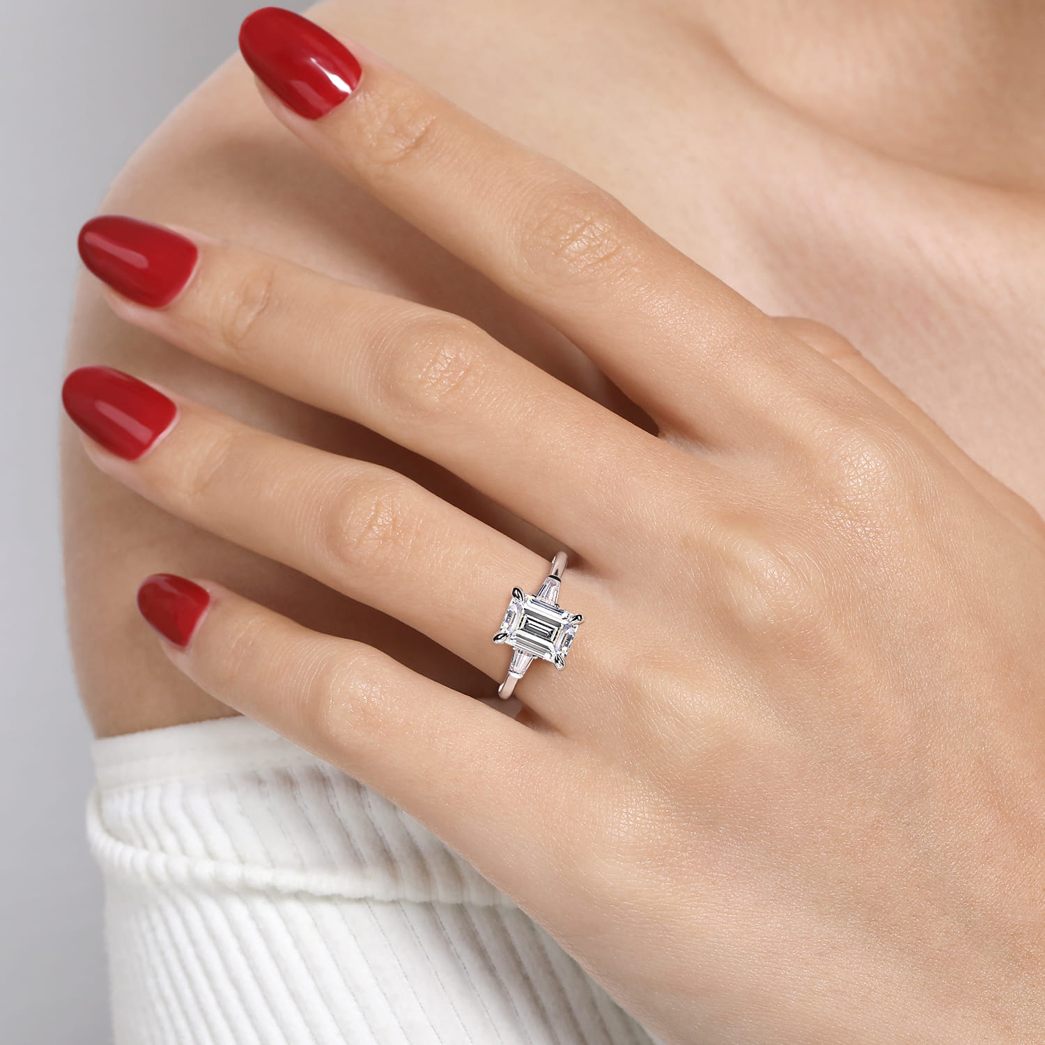 Feana - 14K White Gold Emerald Cut Three Stone Diamond Engagement Ring