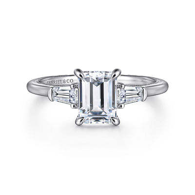 Feana - 14K White Gold Emerald Cut Three Stone Diamond Engagement Ring