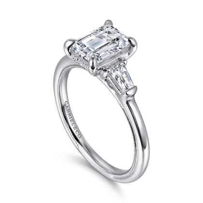 Feana - 14K White Gold Emerald Cut Three Stone Diamond Engagement Ring