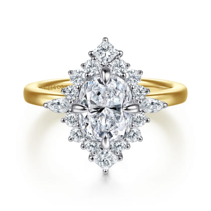 Felicity - 14K White-Yellow Gold Elongated Cushion Halo Diamond Engagement Ring