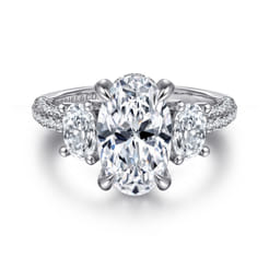 Ferah - 14K White Gold Oval Cut Three Stone Hidden Halo Diamond Engagement Ring