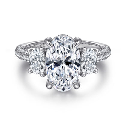 Ferah - 14K White Gold Oval Cut Three Stone Hidden Halo Diamond Engagement Ring