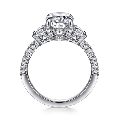 Ferah - 14K White Gold Oval Cut Three Stone Hidden Halo Diamond Engagement Ring